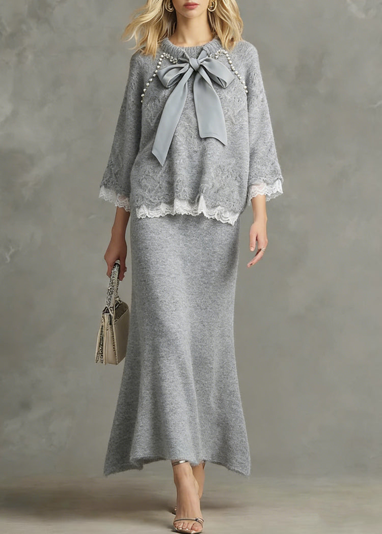 Loose Light Grey Nail Bead Lace Patchwork Knit Two Piece Set Spring - Omychic