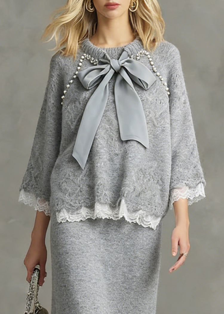 Loose Light Grey Nail Bead Lace Patchwork Knit Two Piece Set Spring - Omychic