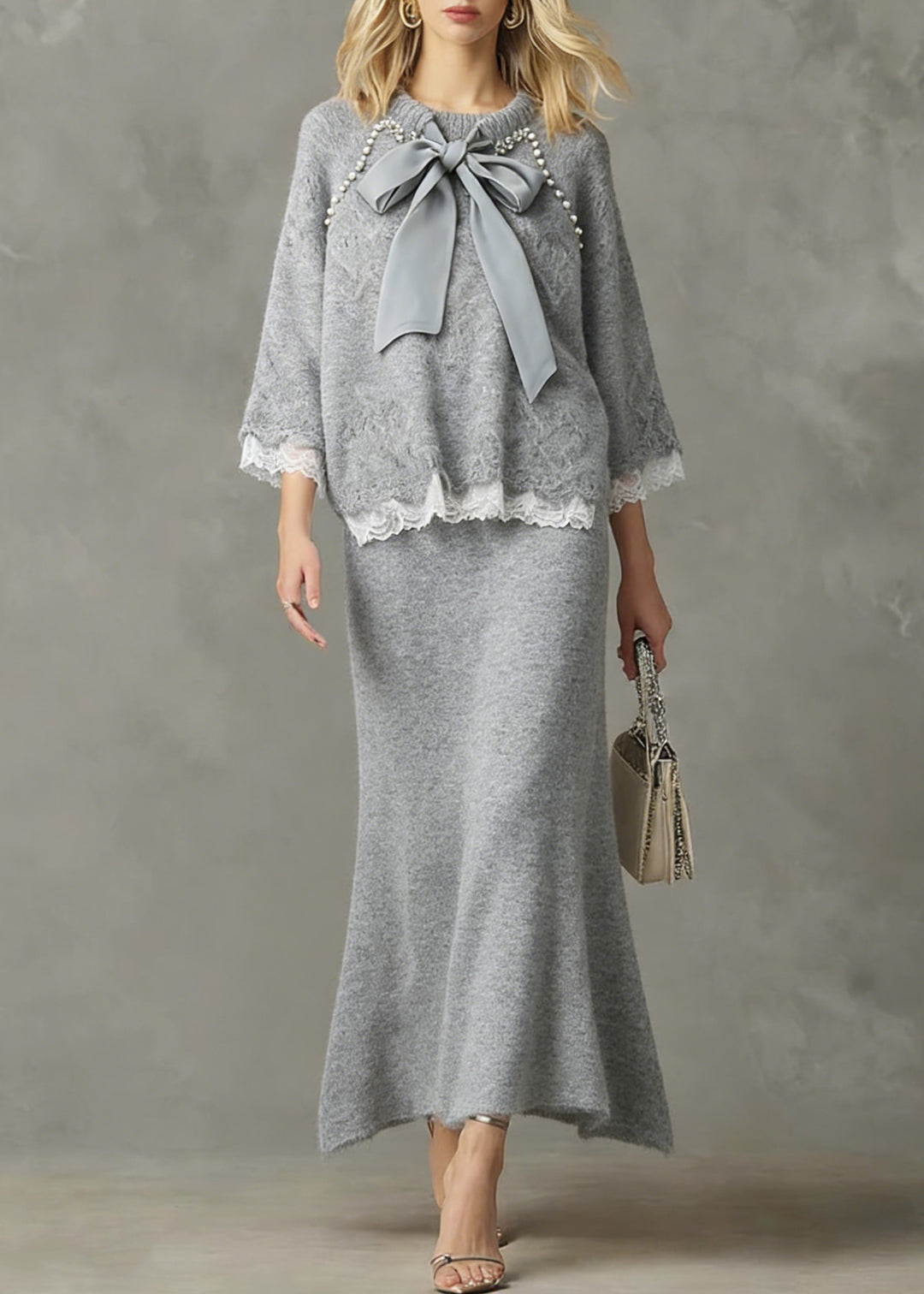 Loose Light Grey Nail Bead Lace Patchwork Knit Two Piece Set Spring - Omychic