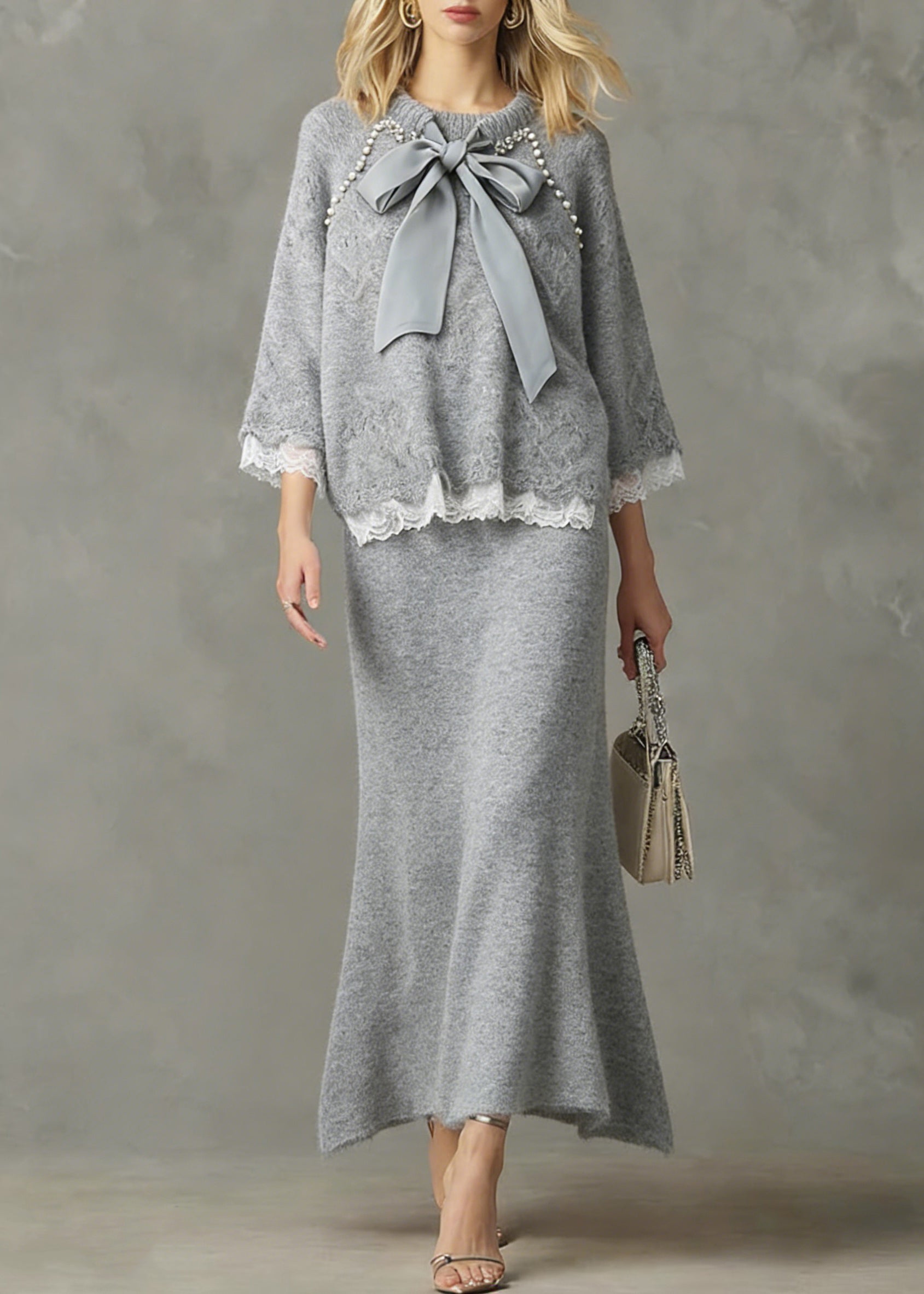 Loose Light Grey Nail Bead Lace Patchwork Knit Two Piece Set Spring - Omychic