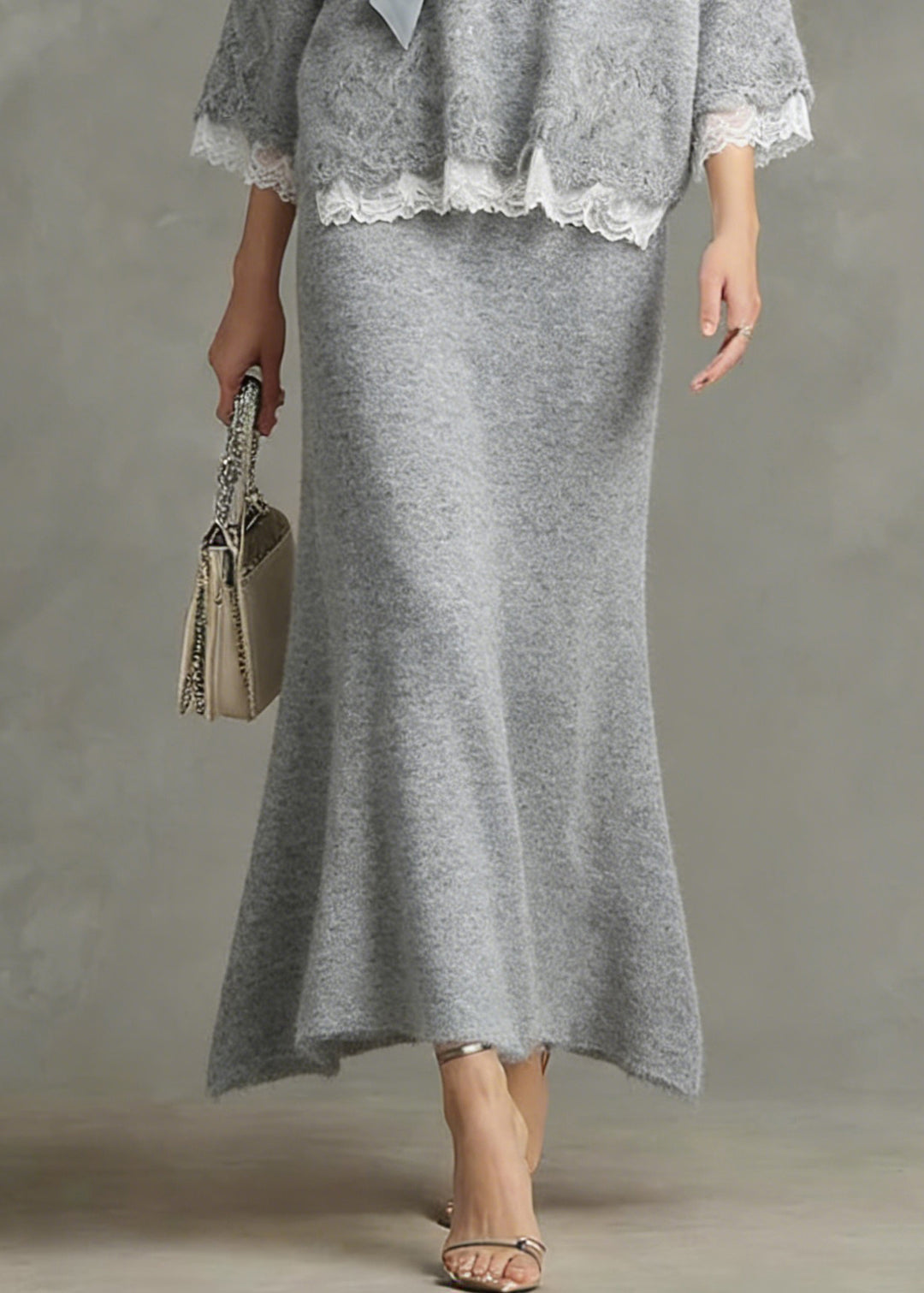 Loose Light Grey Nail Bead Lace Patchwork Knit Two Piece Set Spring - Omychic