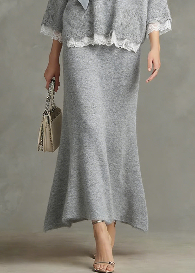 Loose Light Grey Nail Bead Lace Patchwork Knit Two Piece Set Spring - Omychic