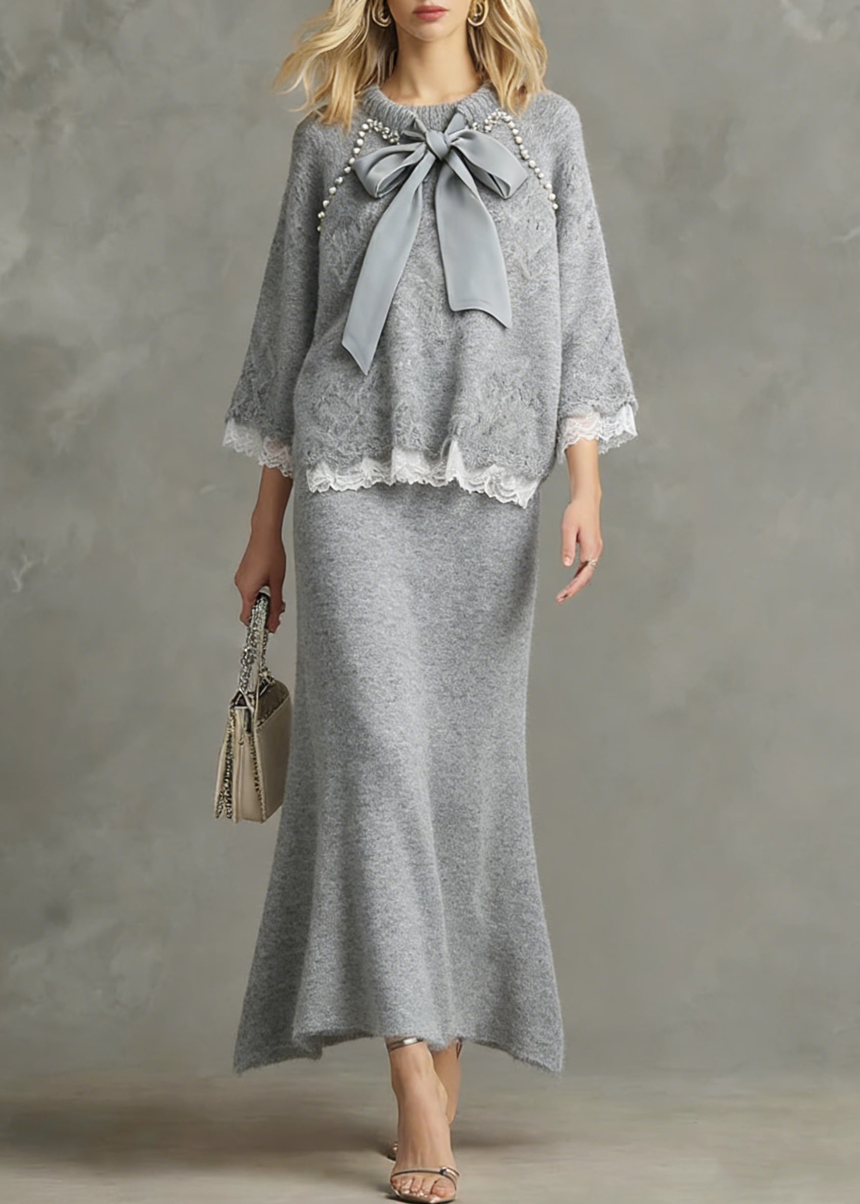 Loose Light Grey Nail Bead Lace Patchwork Knit Two Piece Set Spring - Omychic