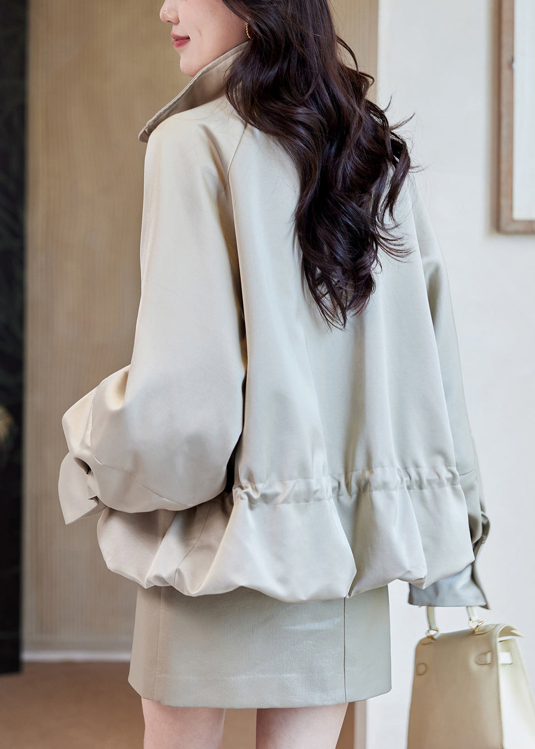 Loose Light Khaki Stand Collar Zippered Drawstring Cotton Coats Fall