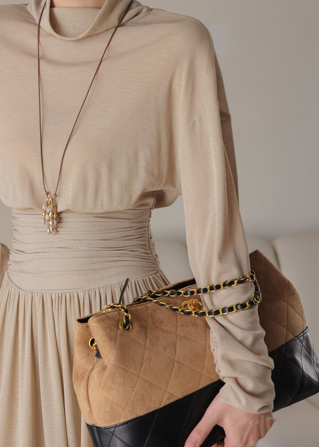 Loose Light Khaki Turtle Neck Tunic Long Dress Spring