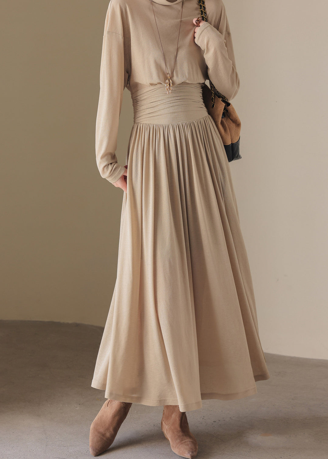 Loose Light Khaki Turtle Neck Tunic Long Dress Spring