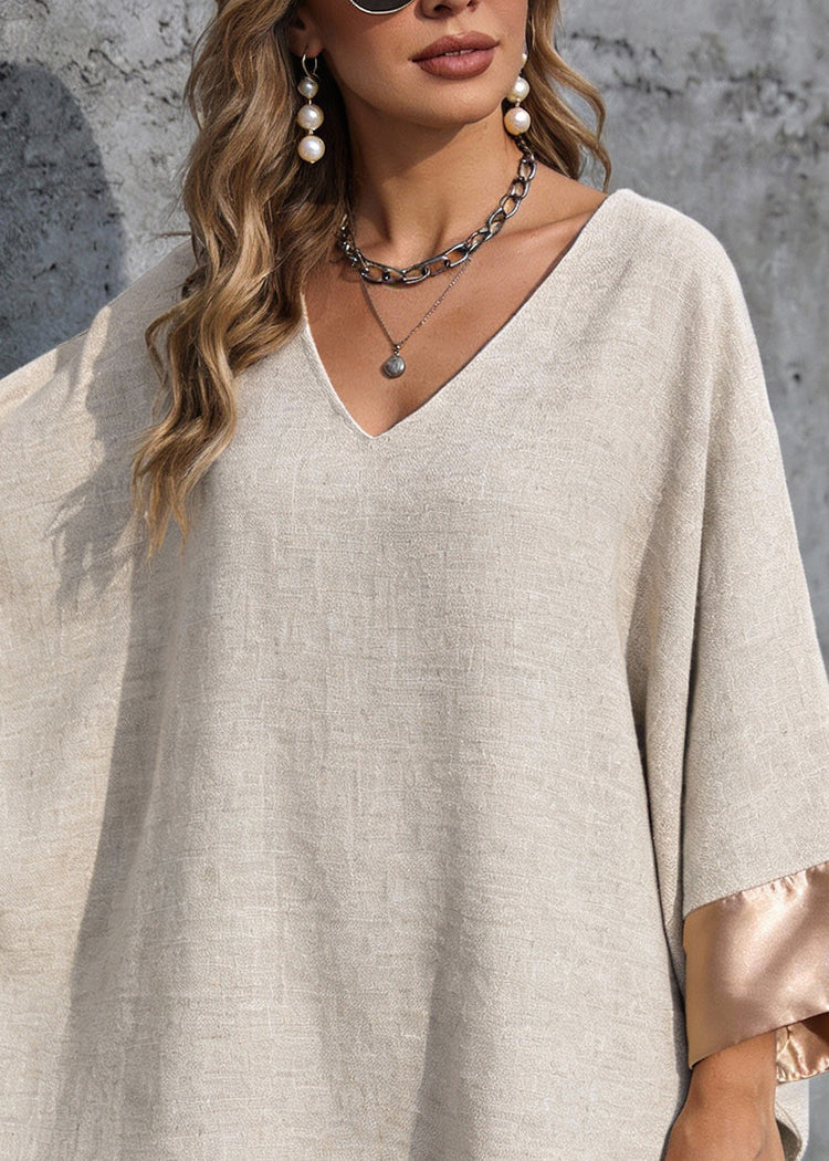 Loose Linen V Neck Oversized Silk Patchwork Dress Batwing Sleeve - Omychic