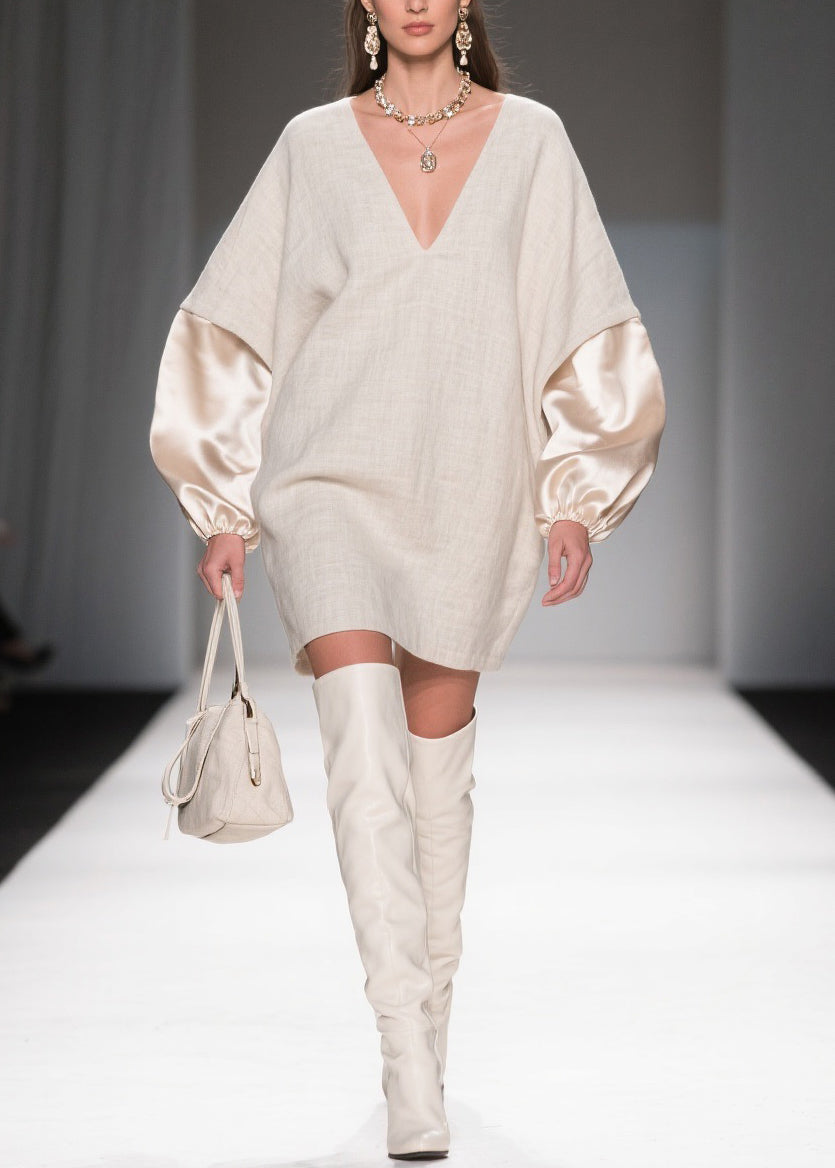 Loose Linen V Neck Silk Patchwork Mini Dresses Spring