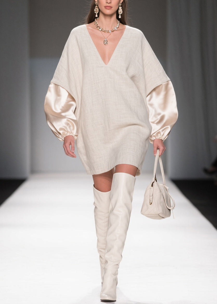 Loose Linen V Neck Silk Patchwork Mini Dresses Spring