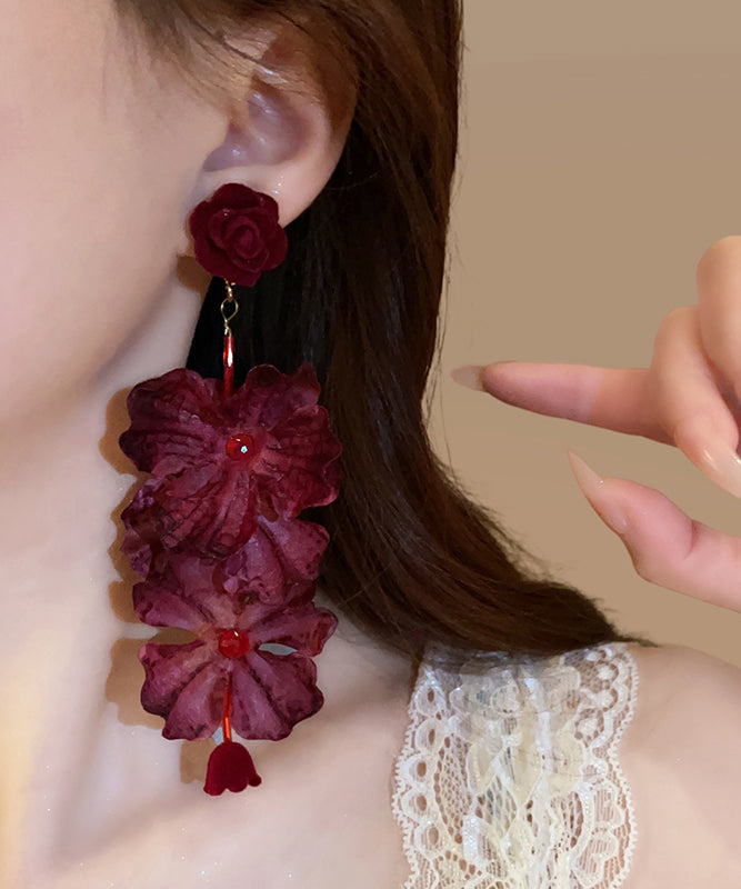 Loose Mulberry Fabric Resin Floral Tassel Drop Earrings