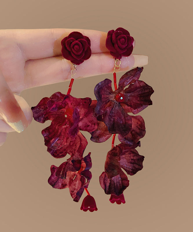 Loose Mulberry Fabric Resin Floral Tassel Drop Earrings