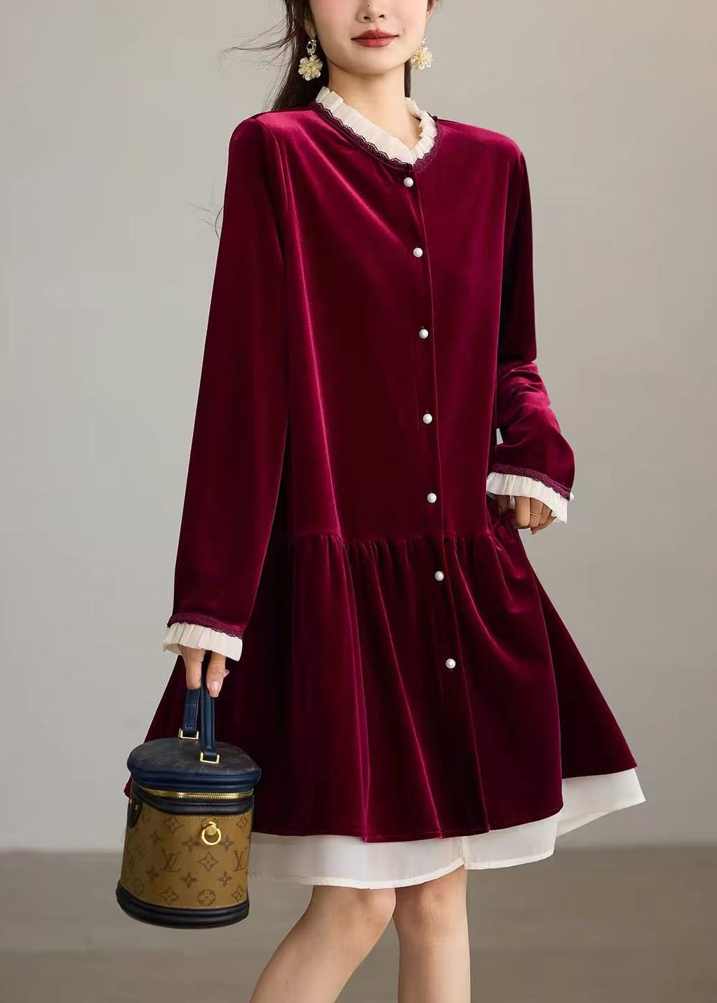 Loose Mulberry O-Neck Ruffled Velour Midi Dress Fall