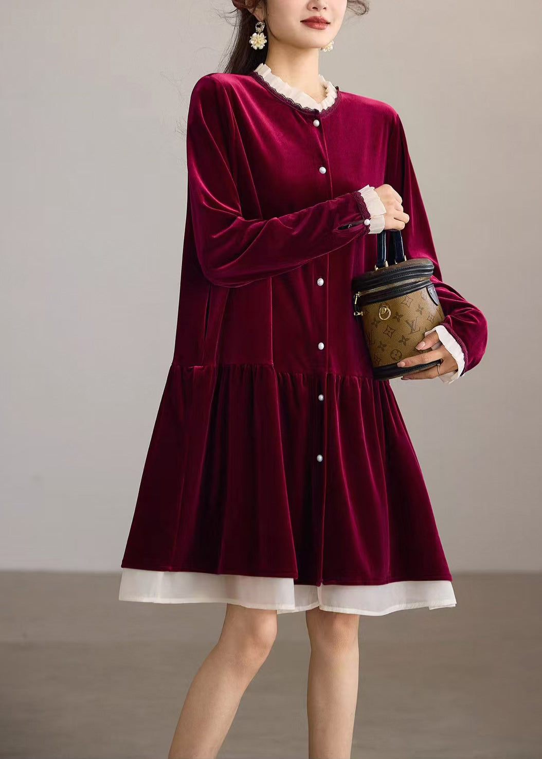 Loose Mulberry O-Neck Ruffled Velour Midi Dress Fall