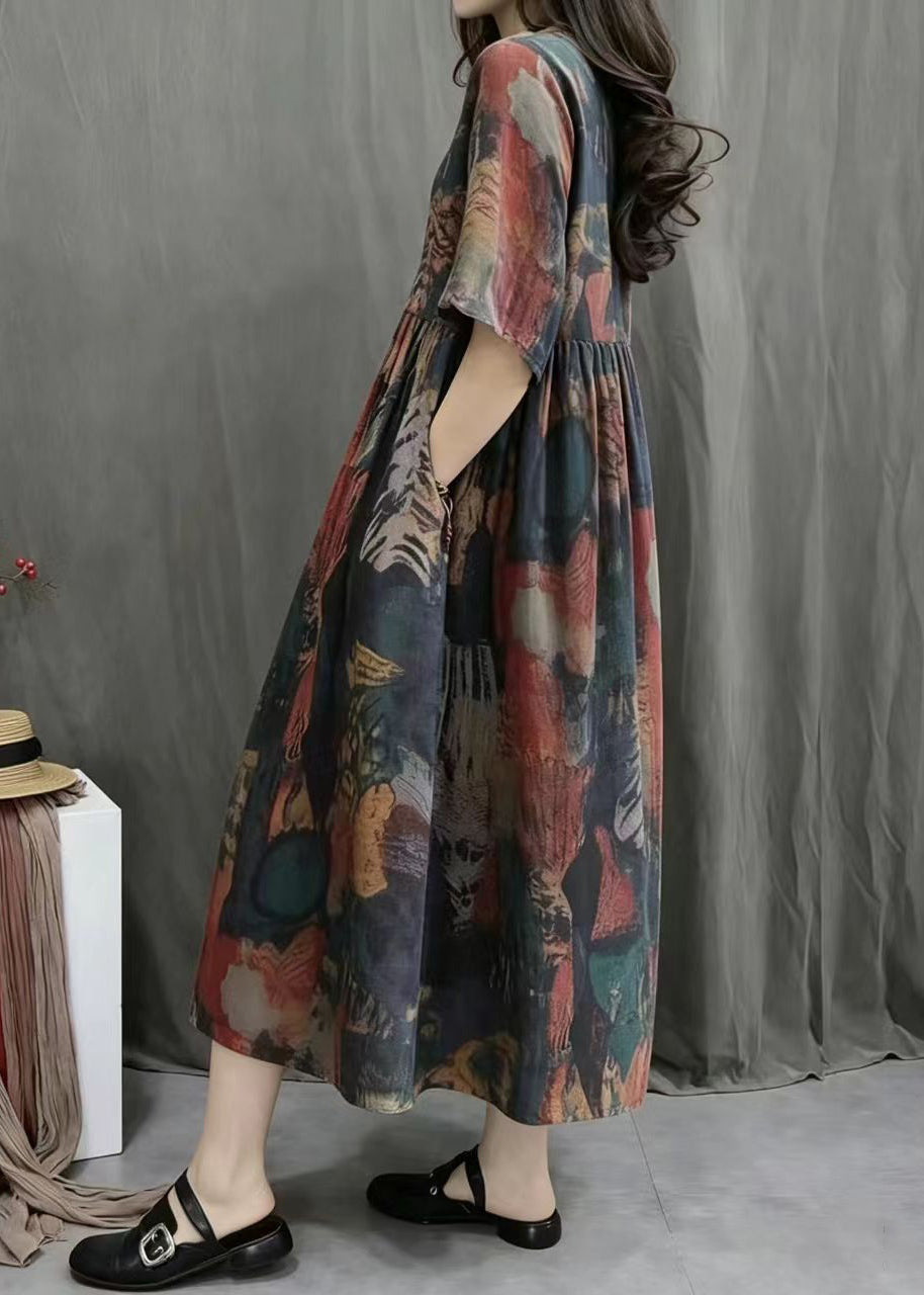 Loose Multicolor Print O-Neck Exra Large Hem Dress Summer