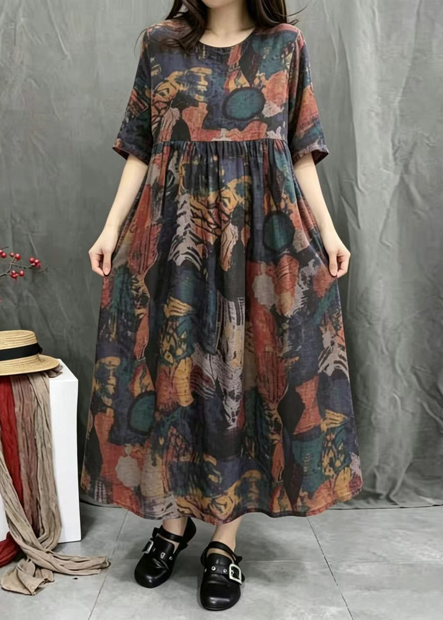 Loose Multicolor Print O-Neck Exra Large Hem Dress Summer