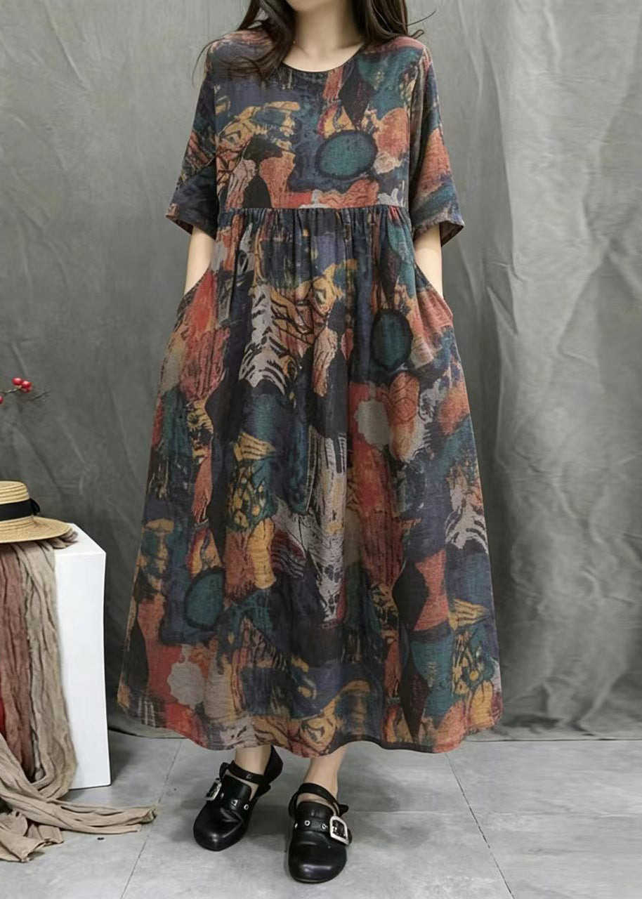 Loose Multicolor Print O-Neck Exra Large Hem Dress Summer