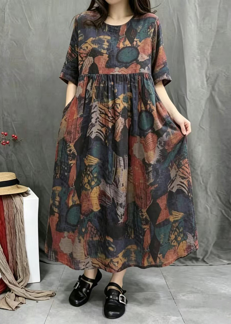Loose Multicolor Print O-Neck Exra Large Hem Dress Summer