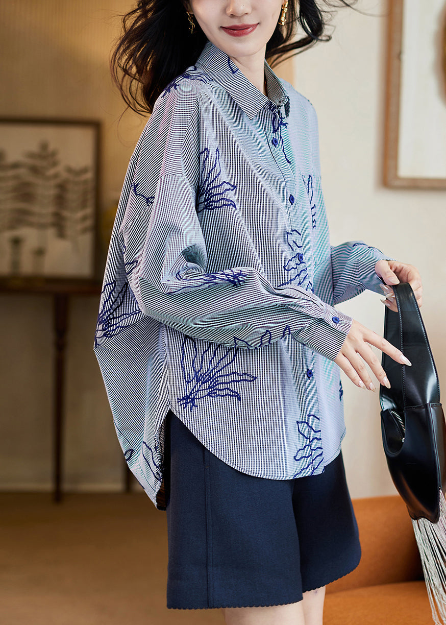 Loose Navy Blue Peter Pan Collar Striped Shirts Fall