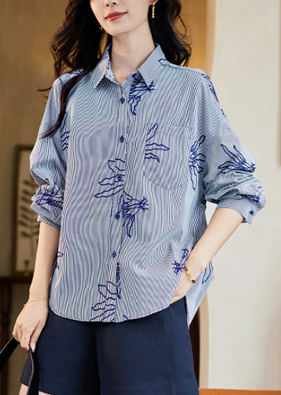 Loose Navy Blue Peter Pan Collar Striped Shirts Fall