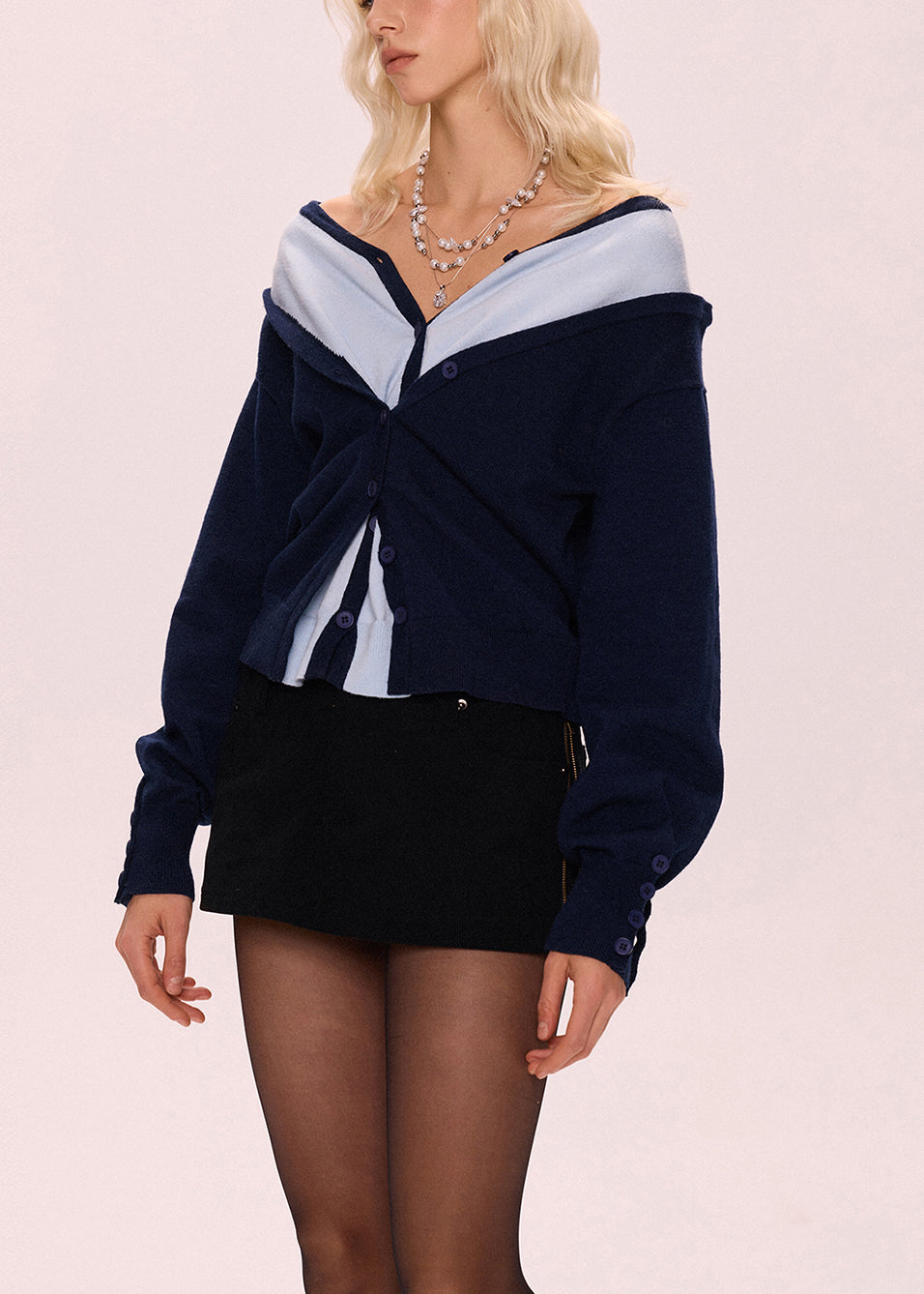 Loose Navy Button False Two Pieces Patchwork Knit Sweater Fall
