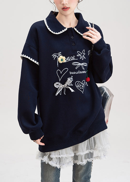Loose Navy Button Print Cotton Pullover Streetwear Fall