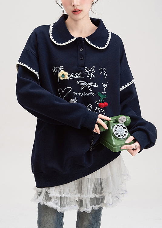 Loose Navy Button Print Cotton Pullover Streetwear Fall