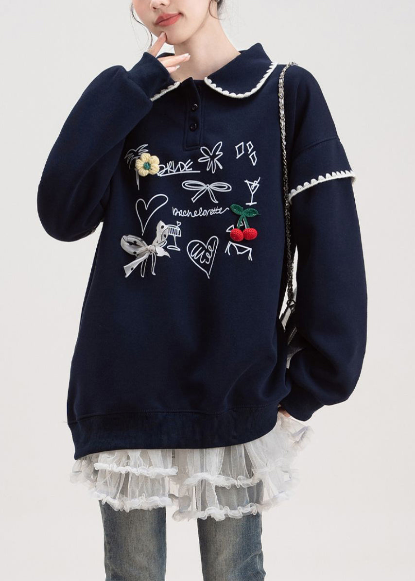 Loose Navy Button Print Cotton Pullover Streetwear Fall