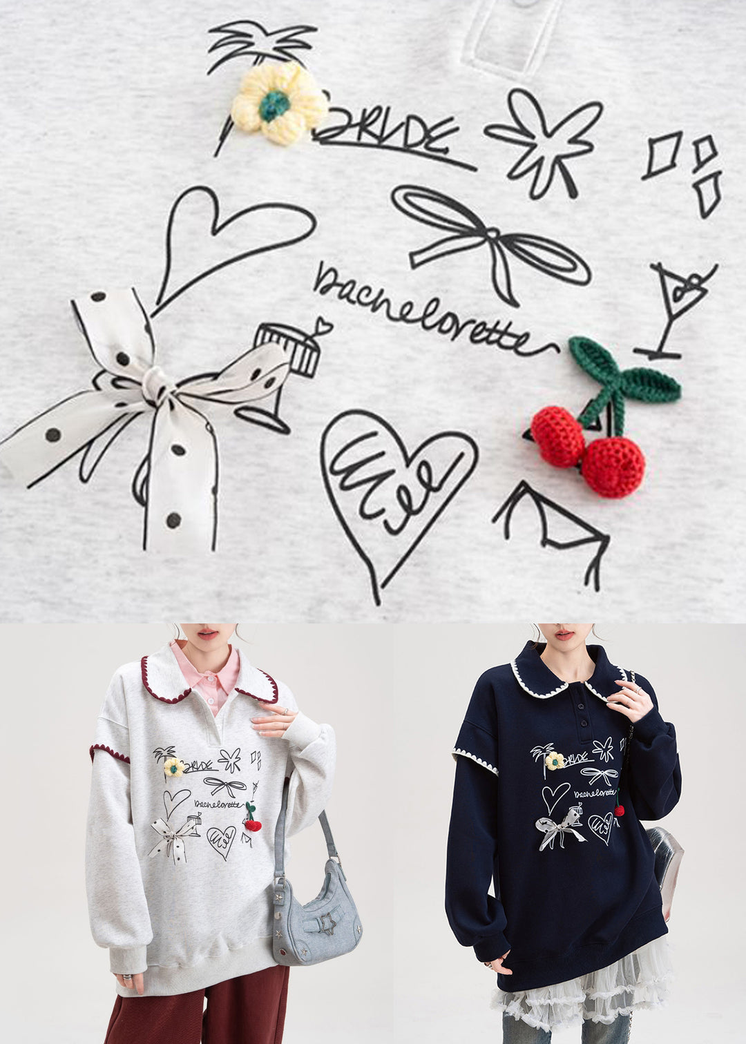 Loose Navy Button Print Cotton Pullover Streetwear Fall