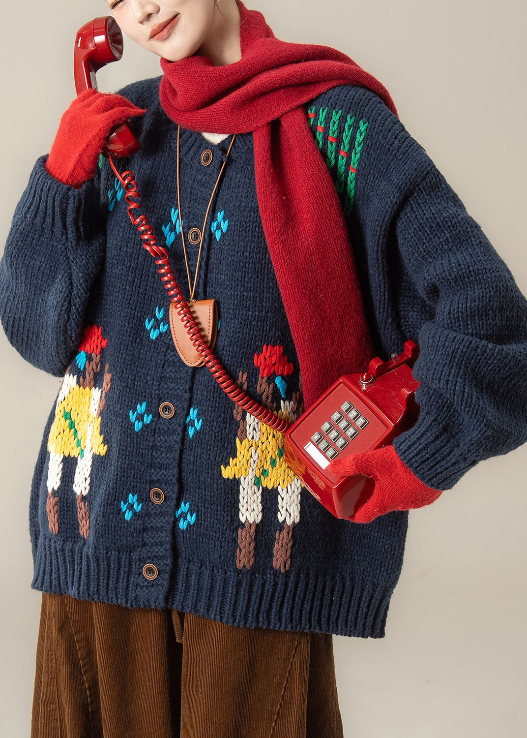 Loose Navy Embroidered Button Knit Coats Fall