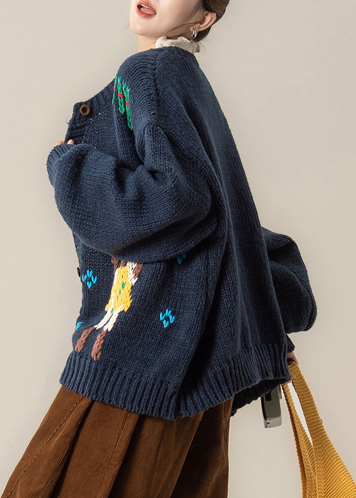 Loose Navy Embroidered Button Knit Coats Fall