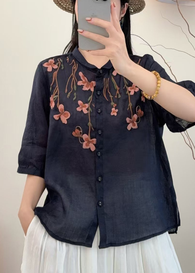 Loose Navy Embroidered Linen Shirts Summer