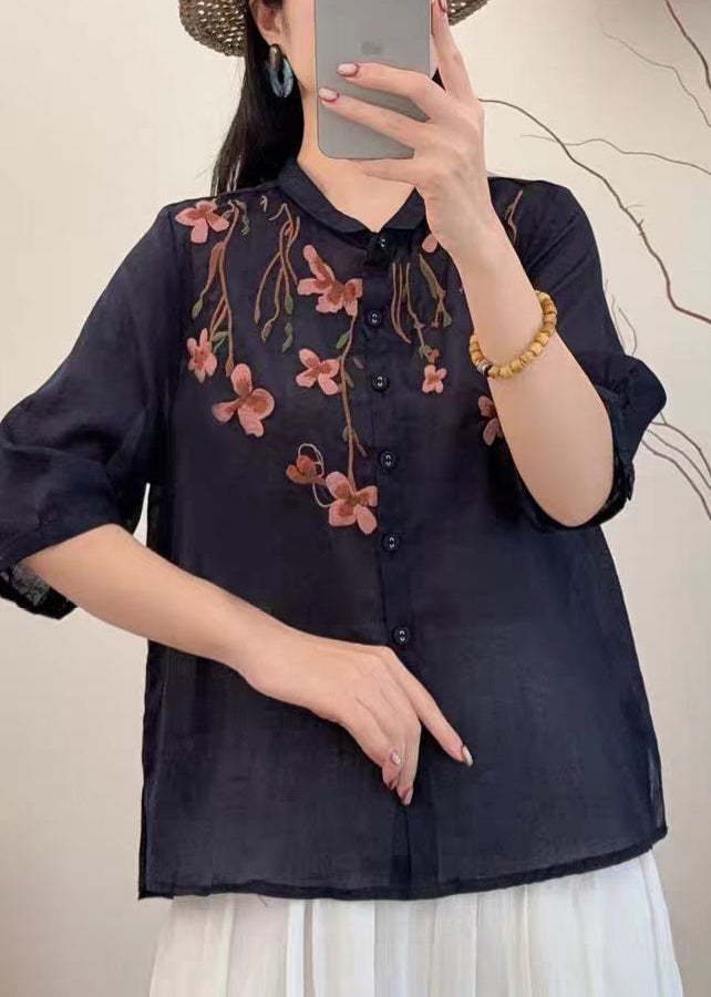 Loose Navy Embroidered Linen Shirts Summer