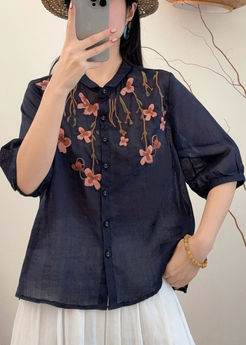Loose Navy Embroidered Linen Shirts Summer
