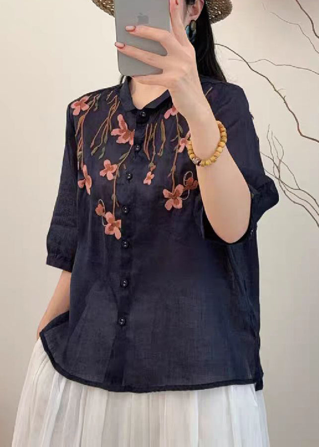 Loose Navy Embroidered Linen Shirts Summer