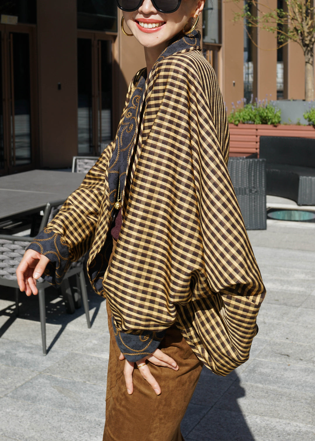 Loose Navy Embroidered Wear On Both Sides Cotton Cardigans Batwing Sleeve