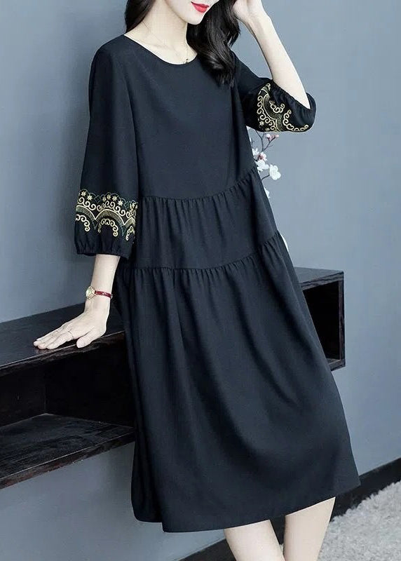 Loose Navy O-Neck Embroidered Cotton Dresses Bracelet Sleeve