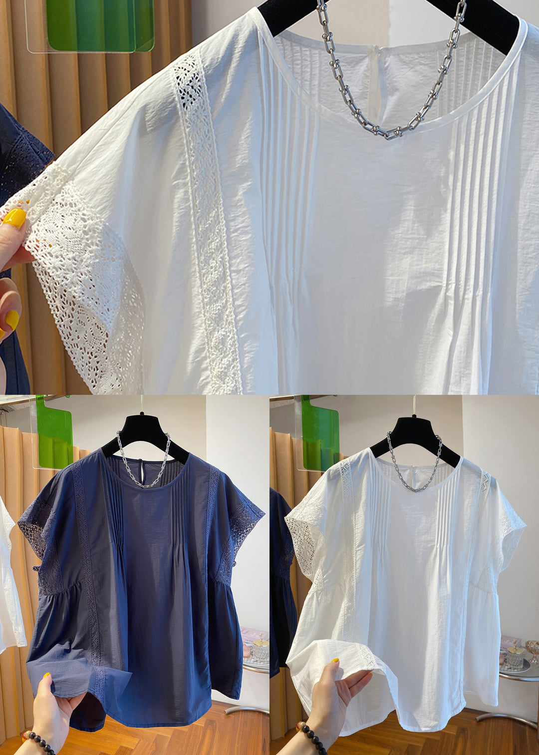 Loose Navy O Neck Hollow Out Cotton Shirt Summer
