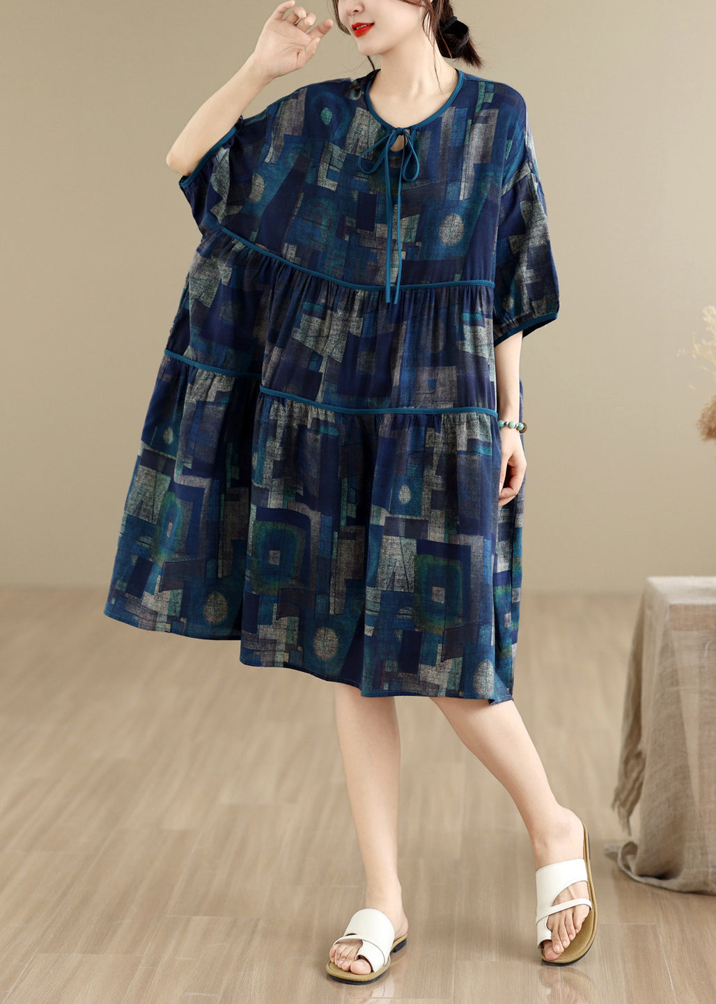 Loose Navy O Neck Print Patchwork Cotton Mid Dress Summer