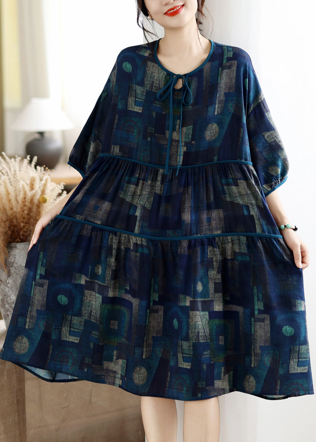 Loose Navy O Neck Print Patchwork Cotton Mid Dress Summer