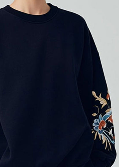 Loose Navy O Neck Print Warm Fleece Sweatshirt Winter
