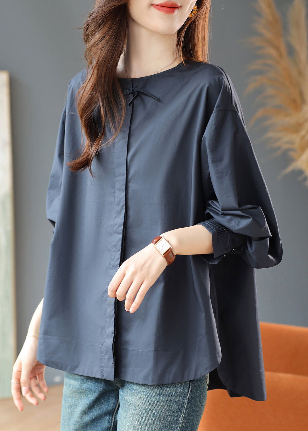 Loose Navy O Neck Side Open Cotton Blouse Fall