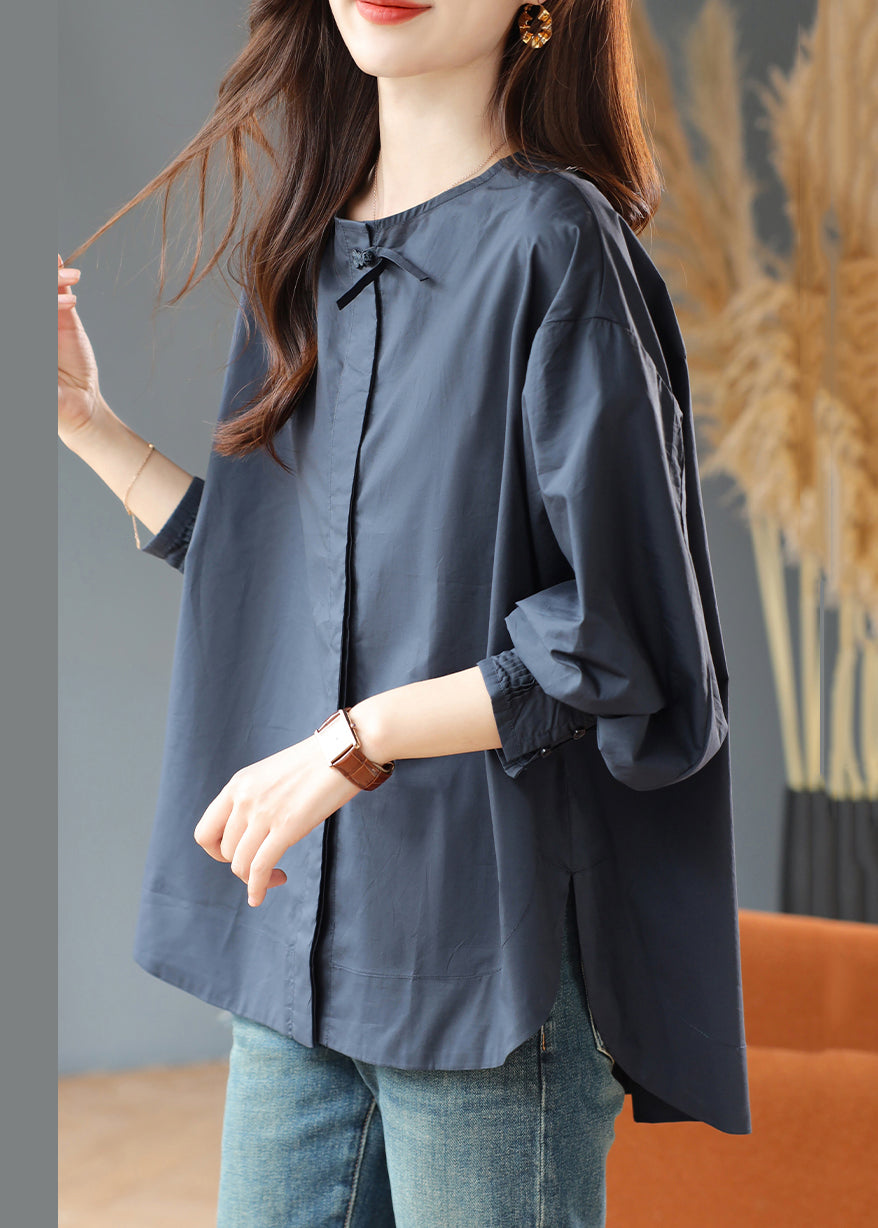 Loose Navy O Neck Side Open Cotton Blouse Fall
