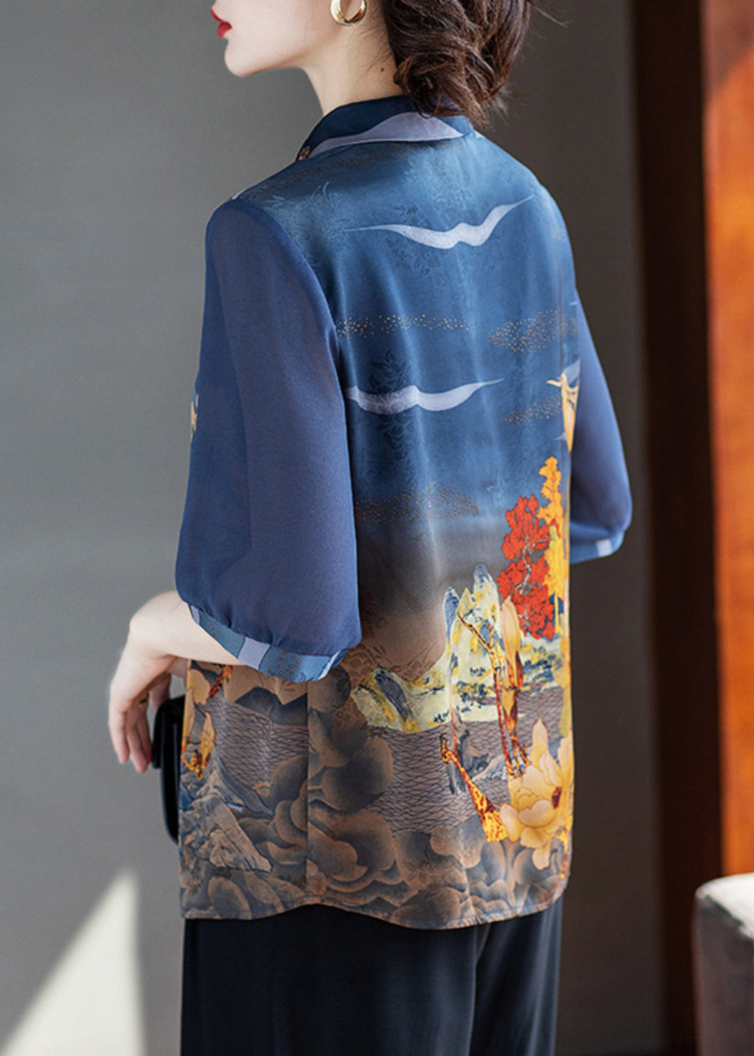 Loose Navy Peter Pan Collar Button Print Chiffon Shirt Half Sleeve