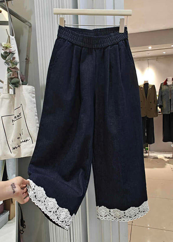 Loose Navy Pockets Lace Patchwork Denim Crop Pants Summer