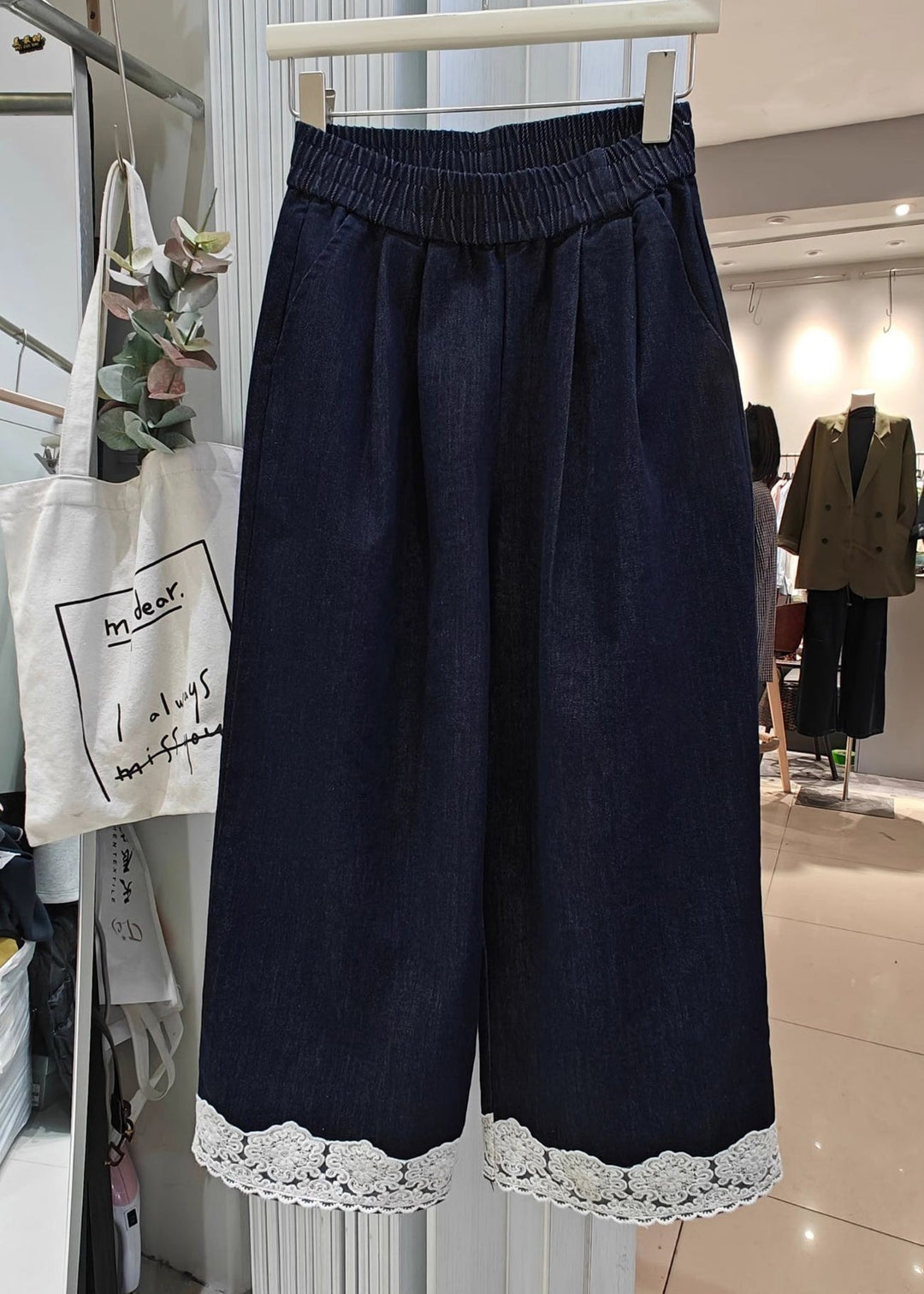 Loose Navy Pockets Lace Patchwork Denim Crop Pants Summer