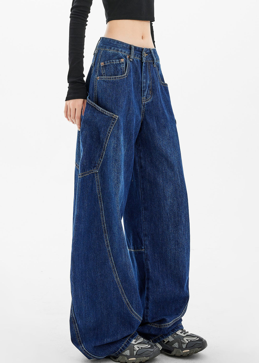 Loose Navy Pockets Wide Leg Denim Pants Spring