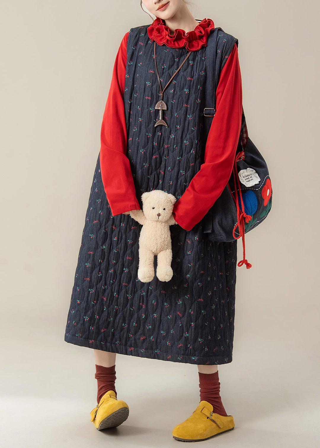 Loose Navy Print Dress And Red Ruffled T Shirt Cotton Filled Two Pieces Set Winter