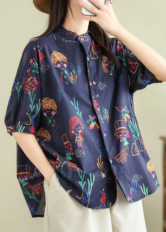 Loose Navy Print Patchwork Shirt Summer