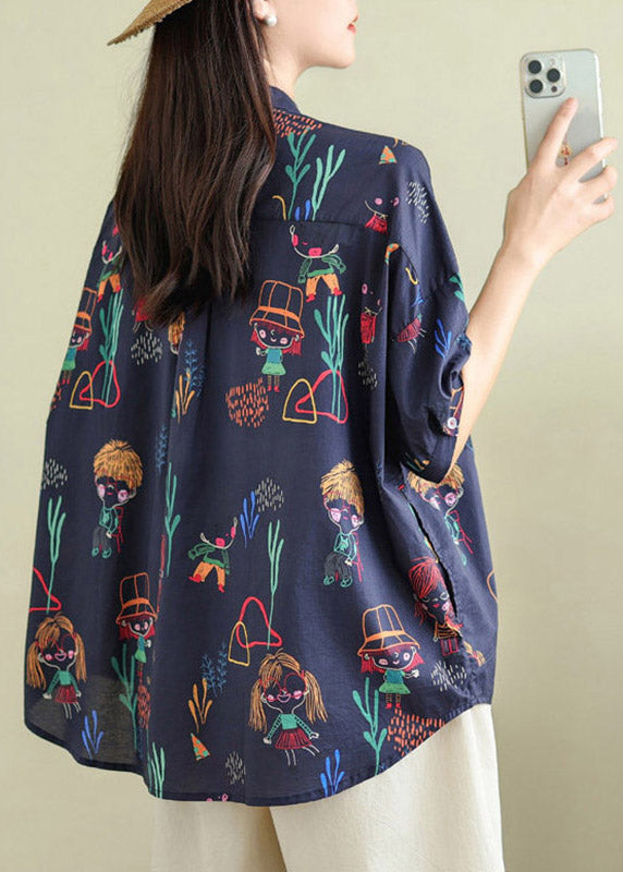 Loose Navy Print Patchwork Shirt Summer