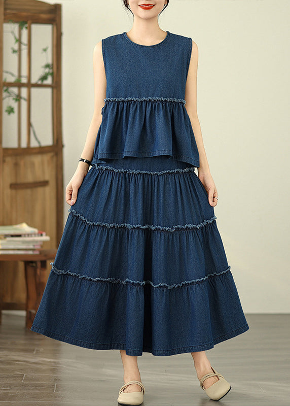 Loose Navy Ruffled Patchwork Denim Top And Maxi Skirts Two Piece Set Sleeveless